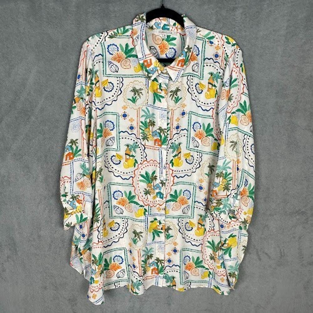 Rose Olive Top Womens 2X Cream Lemons Tropical Button Front Short Sleeve Resort